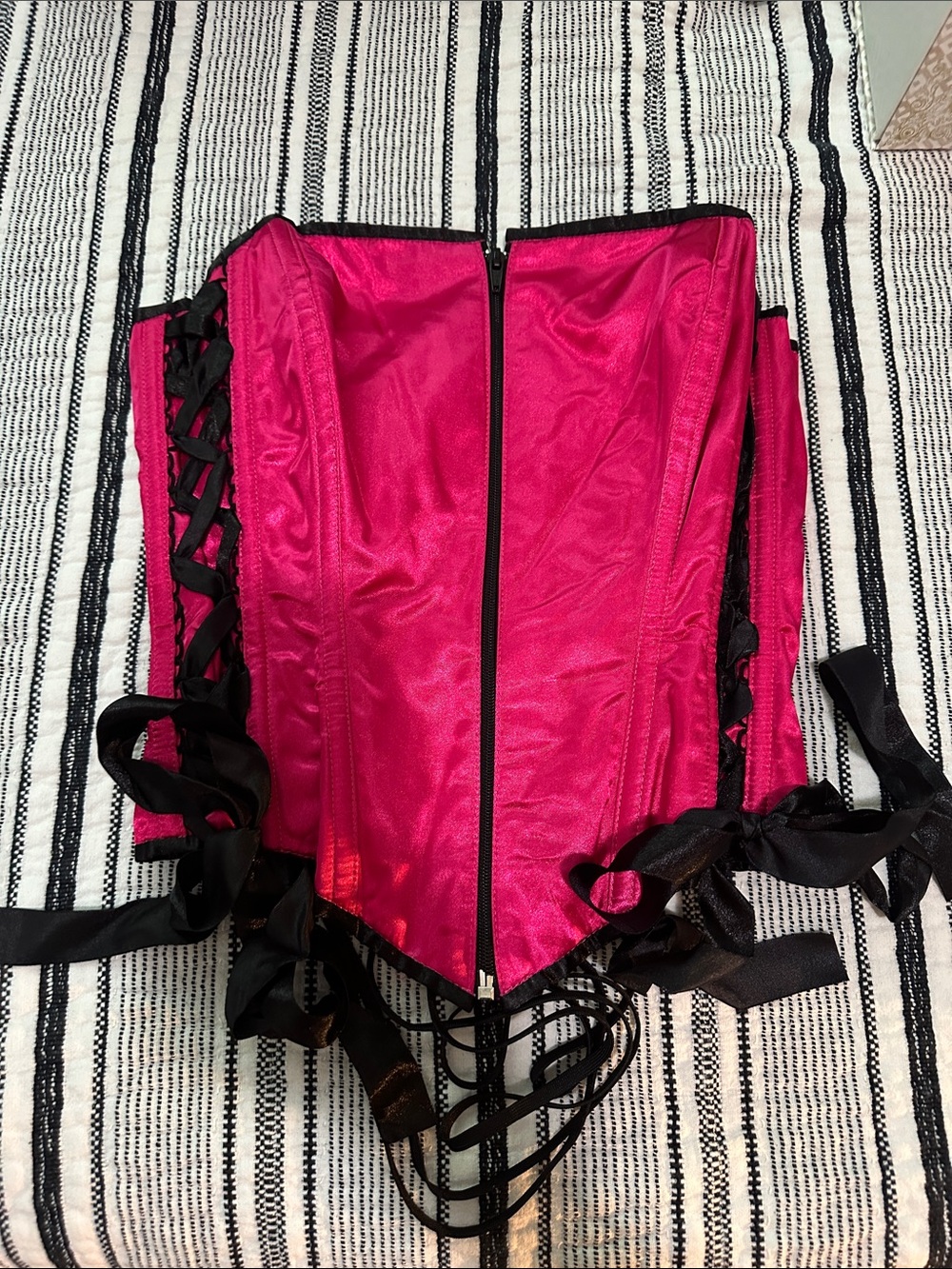 Hot Pink Satin Lace-Up Waist Corset with Front Zipper
